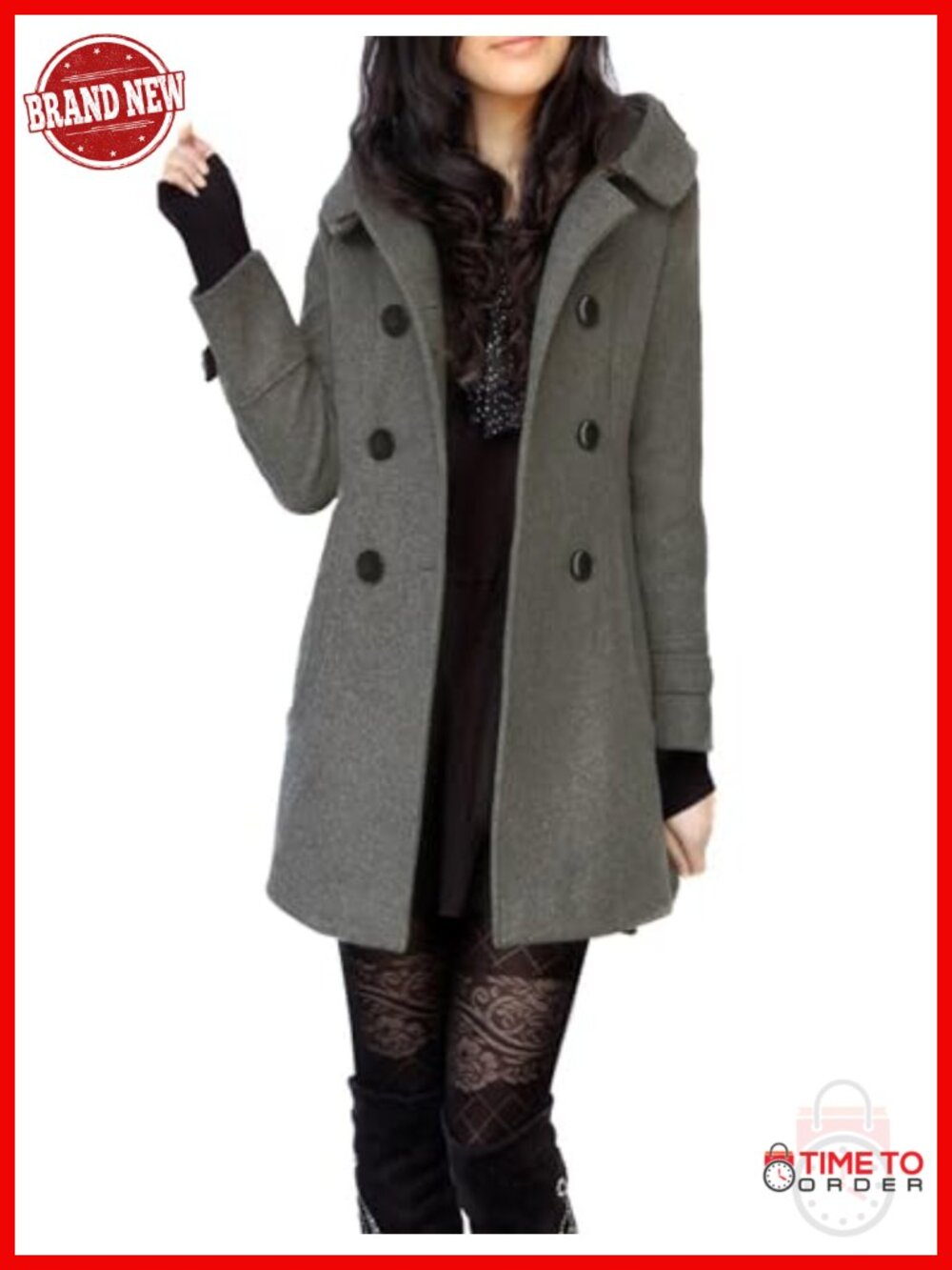 Warm Double Breasted Wool Pea Coat Trench with Hood - Picture 2 of 6